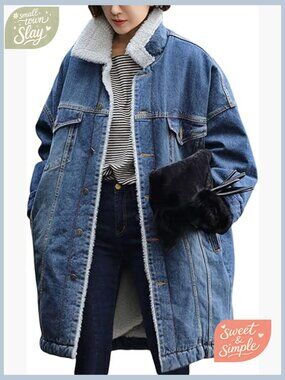 Thick Fleece Lined Button Down Mid Long Quilted Denim Jacket Overcoat